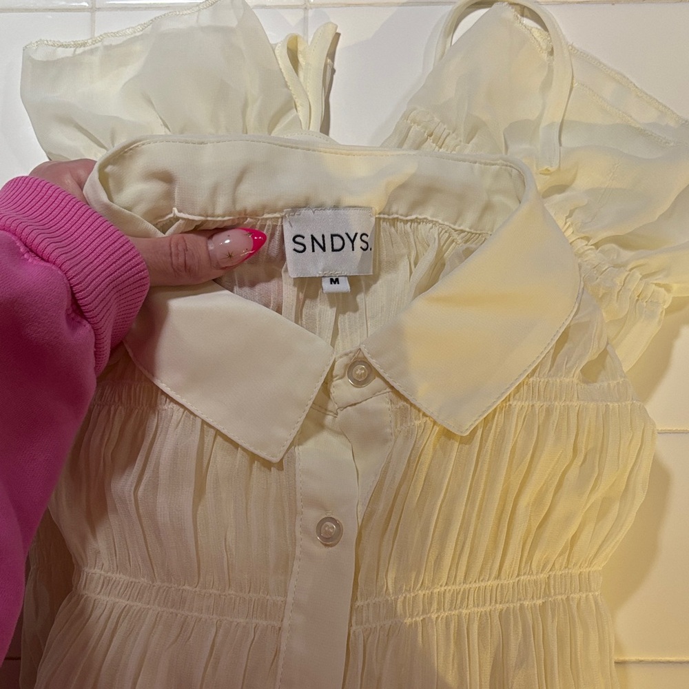 SNDYS La Louisiane Cream Shirred Button Up Blouse NWT Medium Chiffon Romantic - Picture 2 of 4